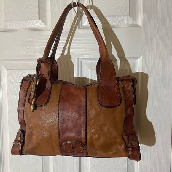 Fossil Reissue Satchel Handbag Vintage  Leather tan&brown antique tone Hardwares - Picture 1 of 16